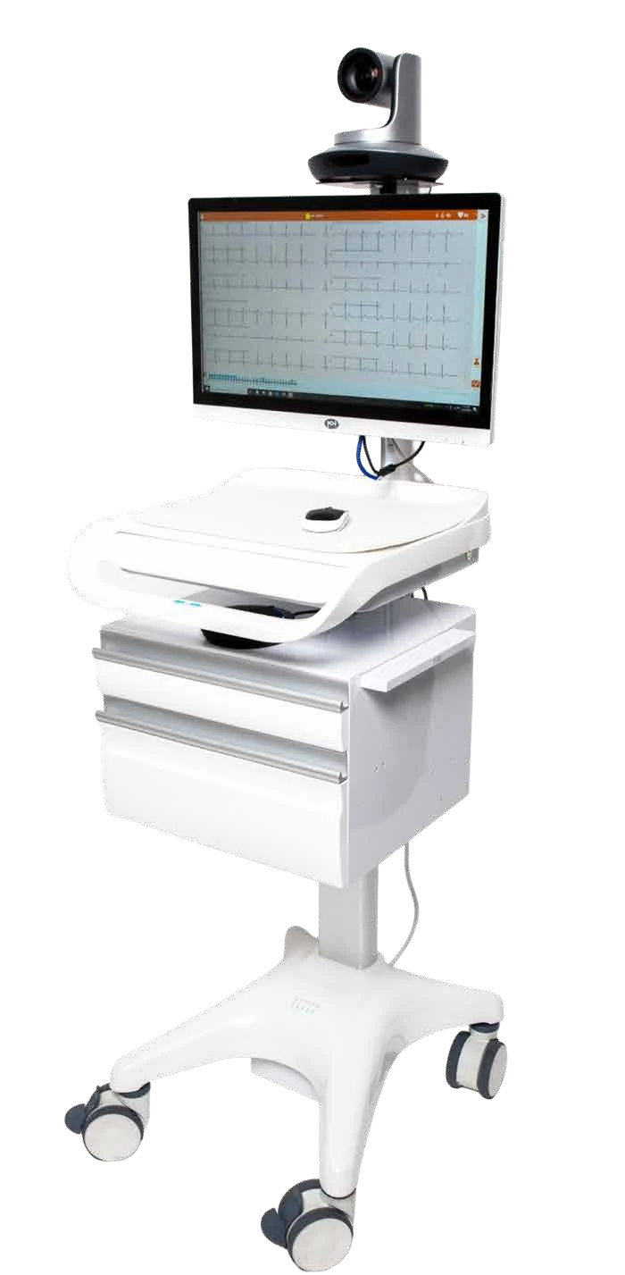 Connected care trolley with monitor, camera and integrated healthcare equipment.
