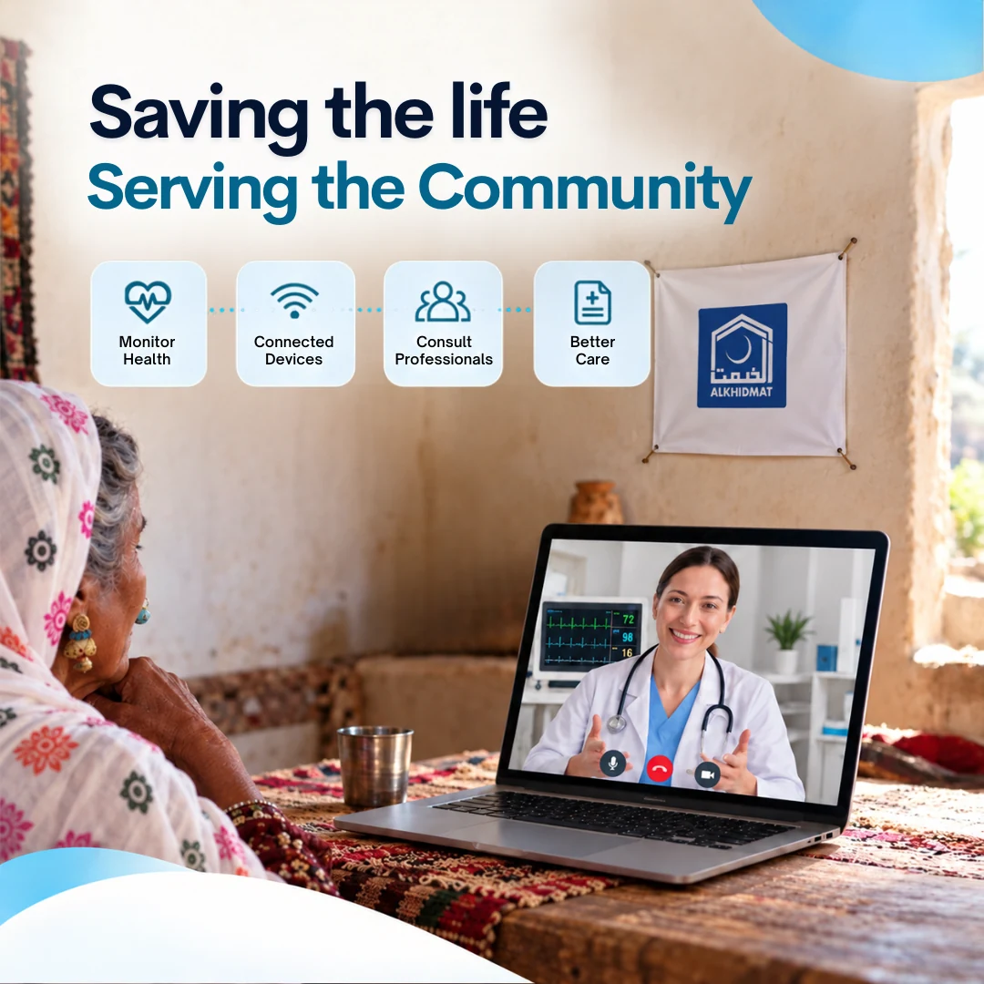 Brochure illustration of an online healthcare consultation from a rural home.