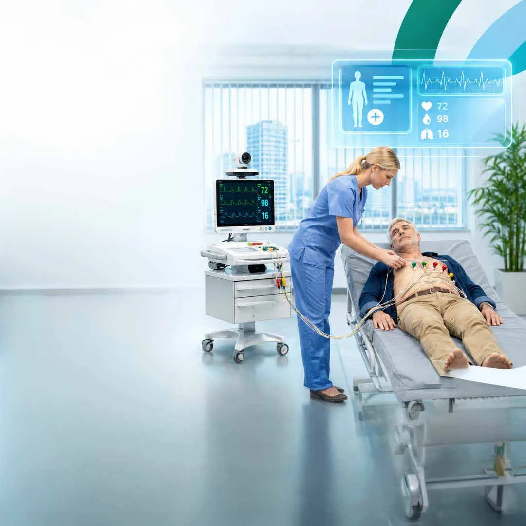 Brochure illustration of a healthcare professional using a connected care trolley beside a patient.