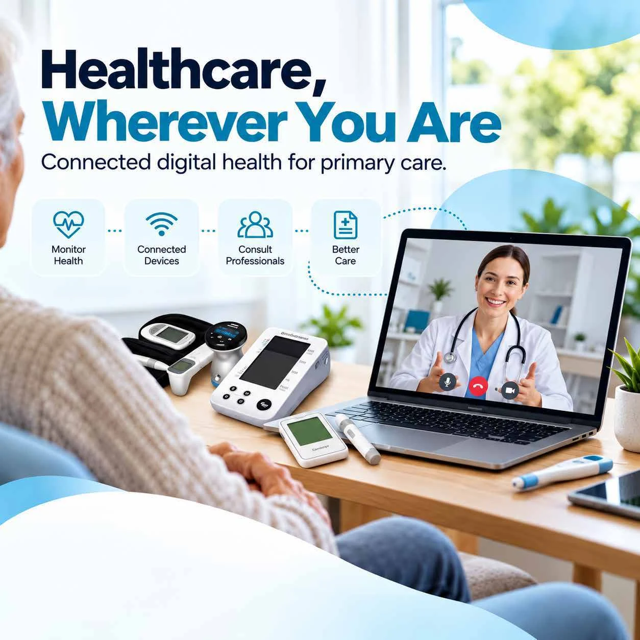 Brochure illustration of an online healthcare consultation with connected health devices.